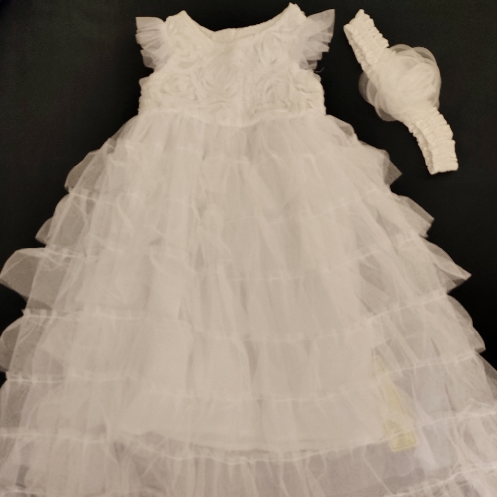 White Ruffles w/ Zipper Back & Headband w/ Lace Flower